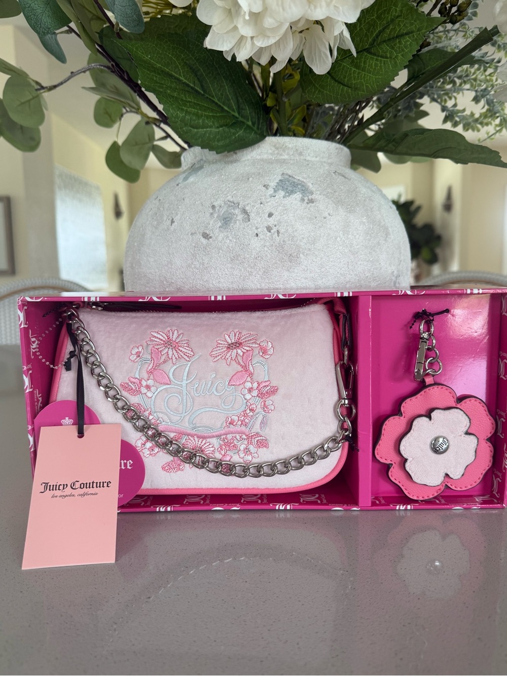 Juicy couture box set shoulder bag and floral bag charm keychain NWT MSRP $79